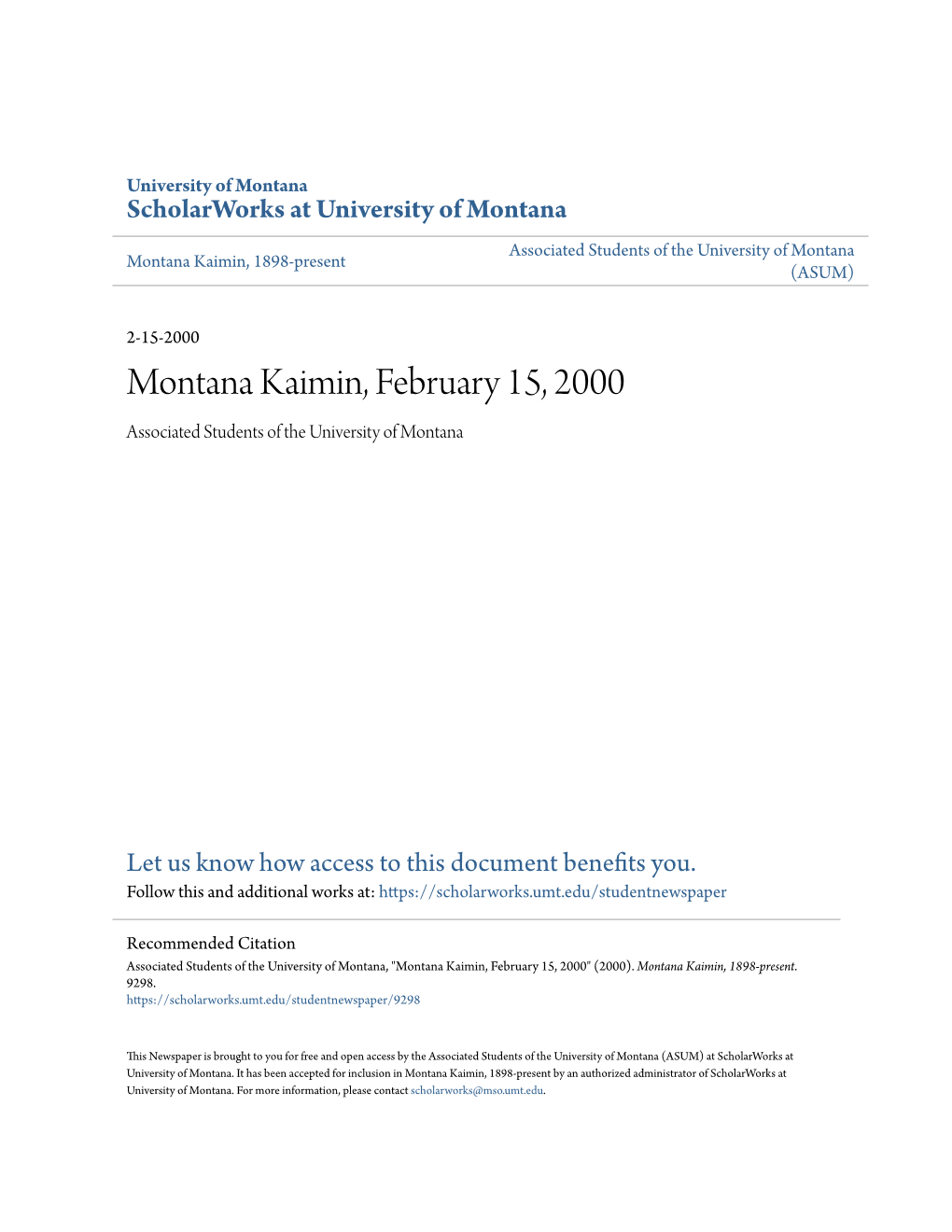 Montana Kaimin, February 15, 2000 Associated Students of the University of Montana