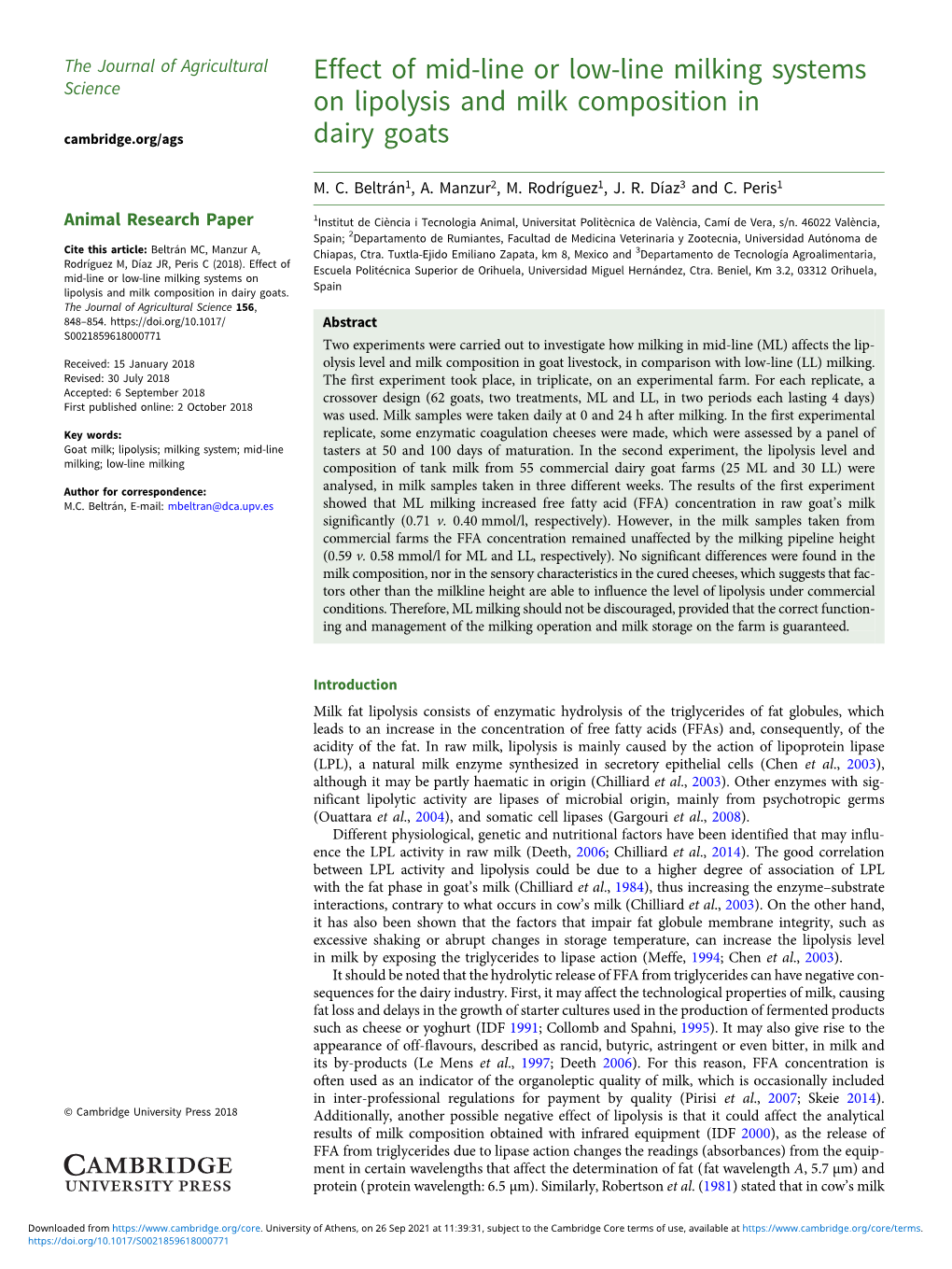 Effect of Mid-Line Or Low-Line Milking Systems on Lipolysis and Milk