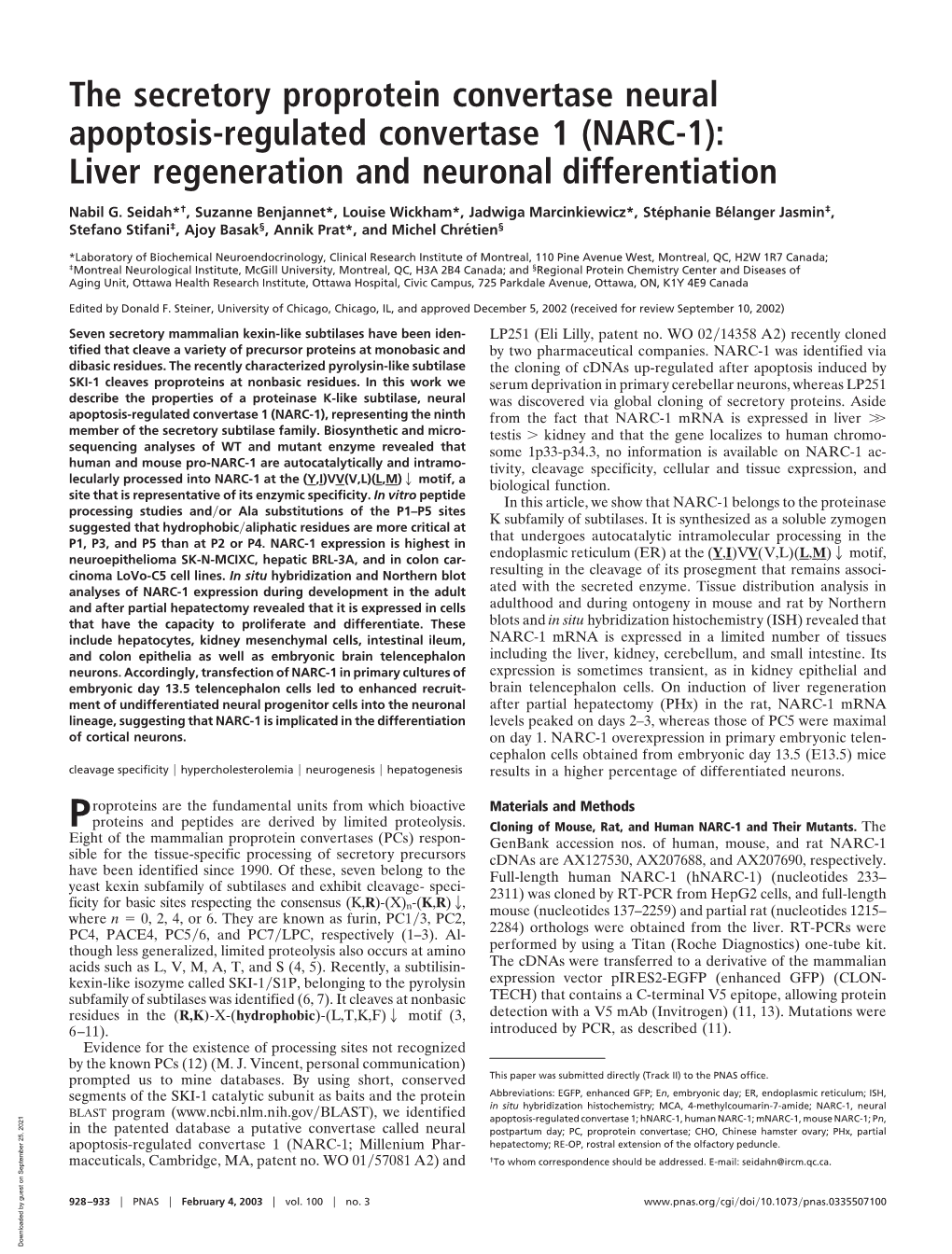 The Secretory Proprotein Convertase Neural Apoptosis-Regulated Convertase 1 (NARC-1): Liver Regeneration and Neuronal Differentiation