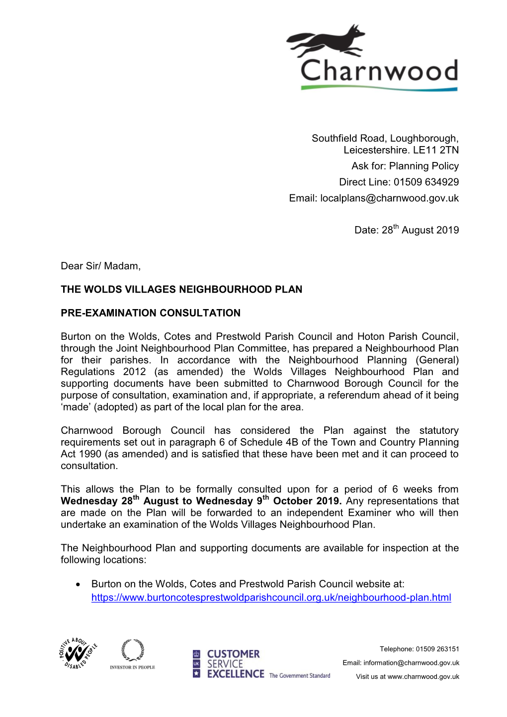 Southfield Road, Loughborough, Leicestershire. LE11 2TN Ask For: Planning Policy Direct Line: 01509 634929 Email: Localplans@Charnwood.Gov.Uk