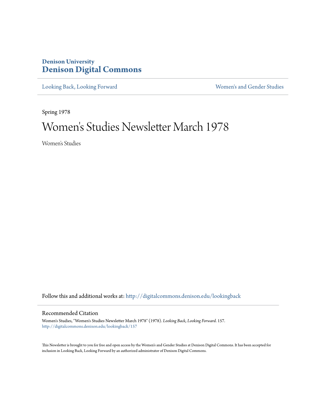 Women's Studies Newsletter March 1978 Women's Studies