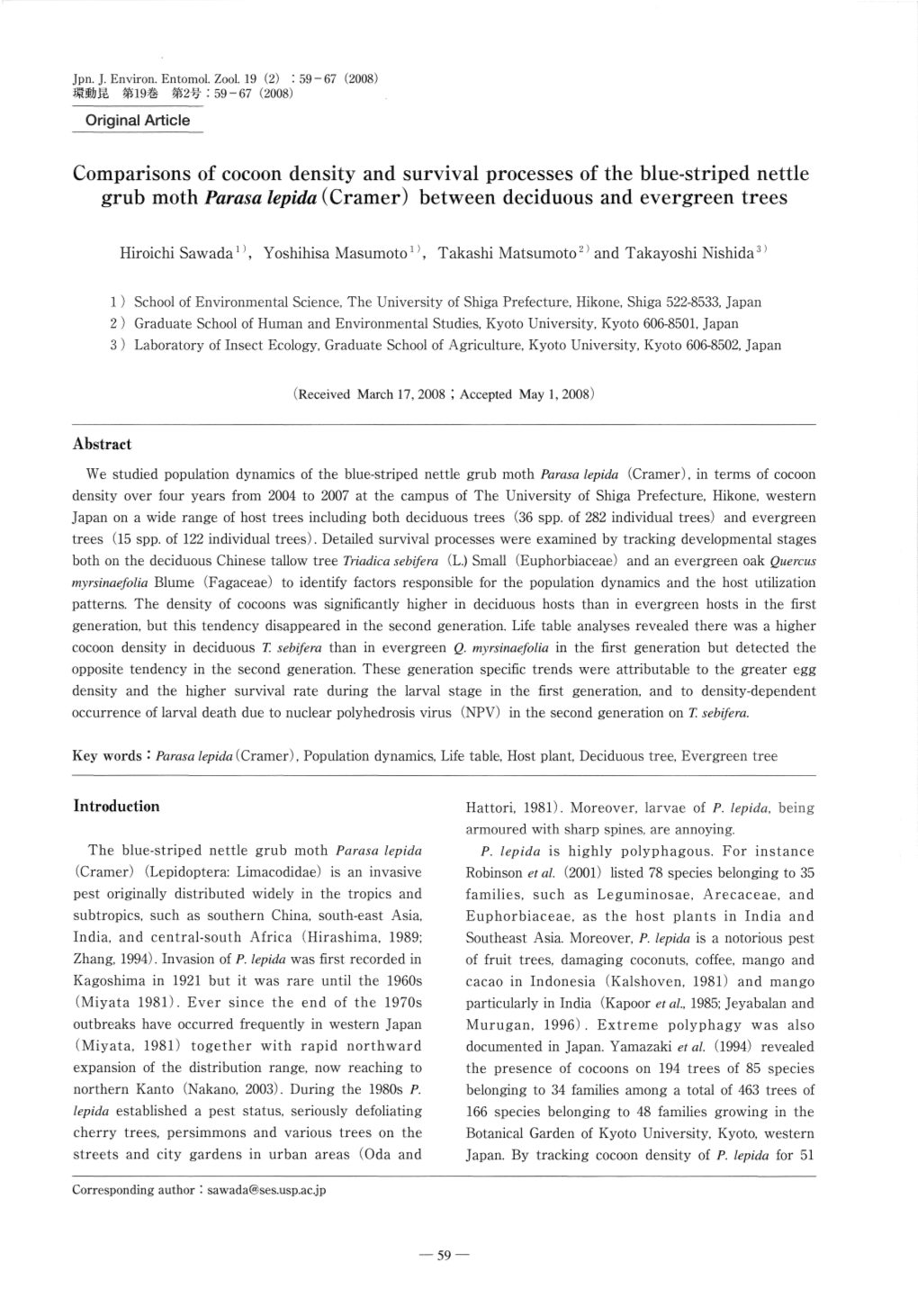 Page 1 Jpn. J. Environ. Entomol. Zool. 19 (2) : 59-67 (2008) 19 2 : 59-67