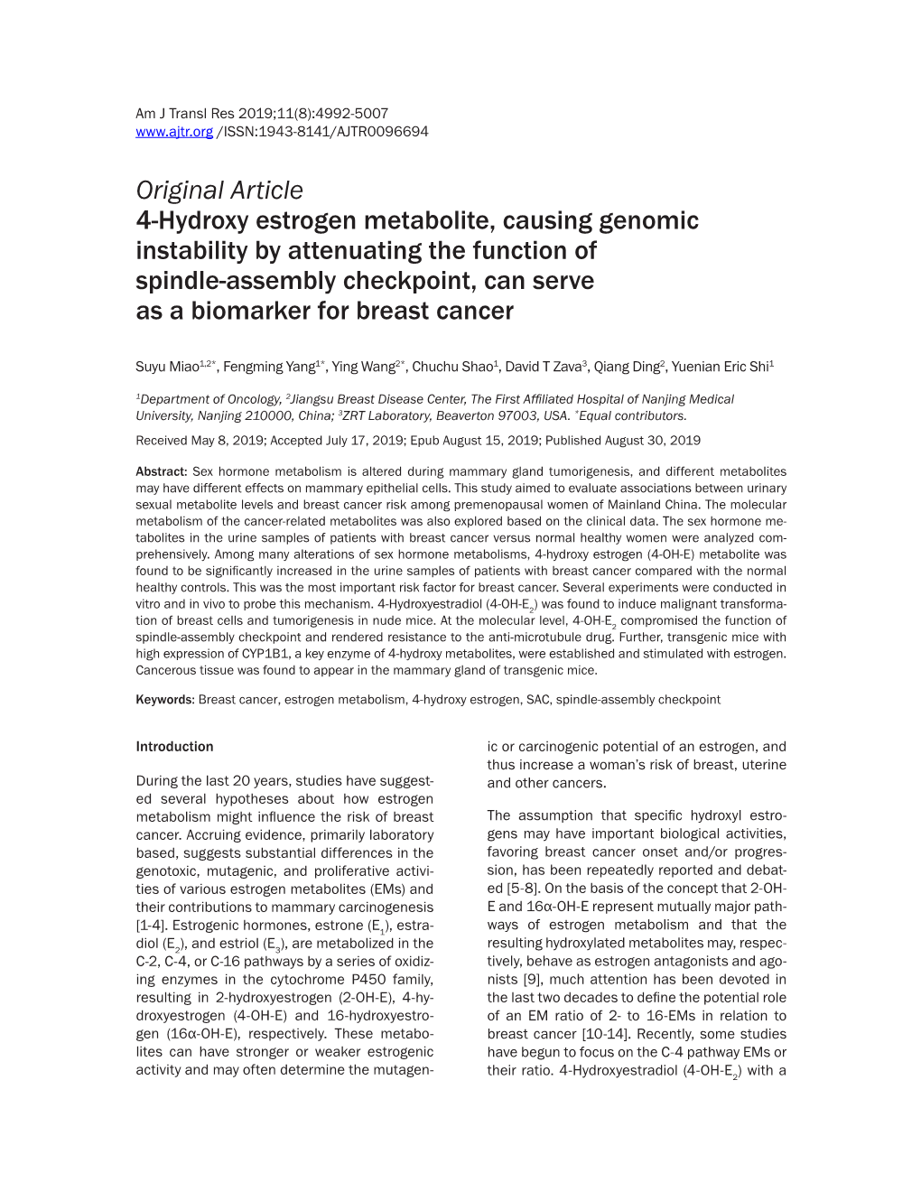 Original Article 4-Hydroxy Estrogen Metabolite, Causing Genomic