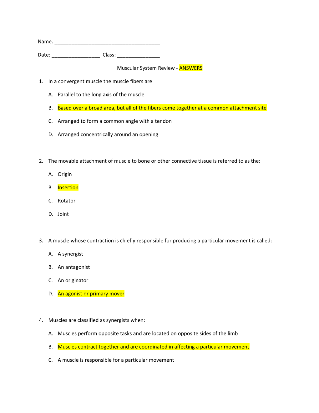 Muscular System Review - ANSWERS