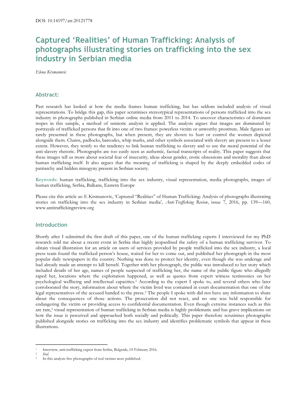 Of Human Trafficking: Analysis of Photographs Illustrating Stories on Trafficking Into the Sex Industry in Serbian Media