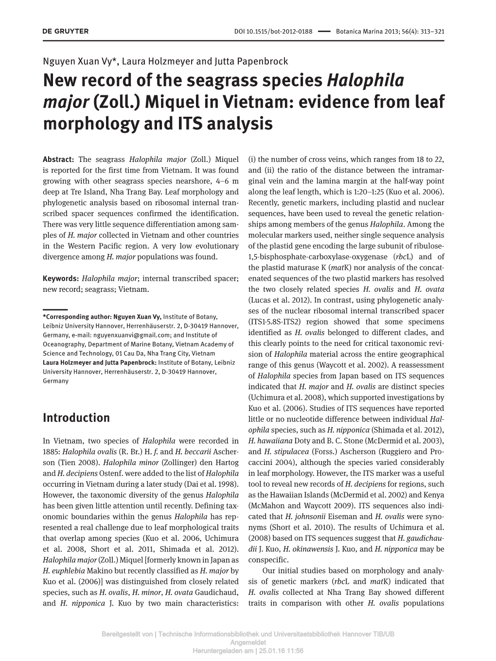 New Record of the Seagrass Species Halophila Major (Zoll.) Miquel in Vietnam: Evidence from Leaf Morphology and ITS Analysis
