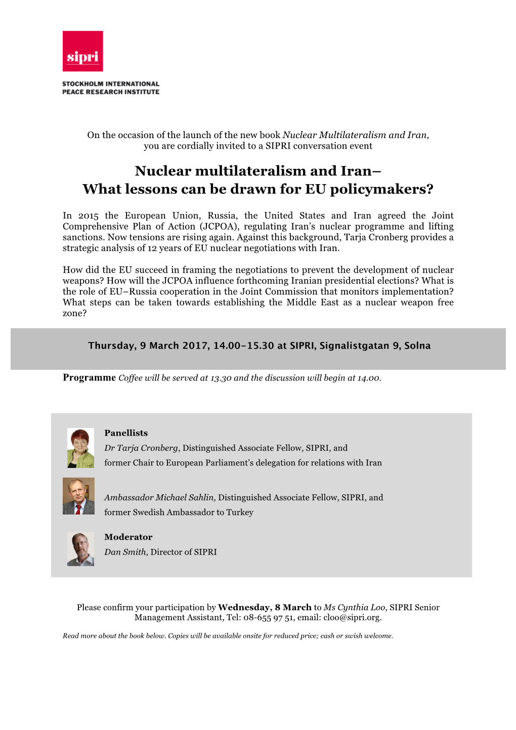 Nuclear Multilateralism and Iran, You Are Cordially Invited to a SIPRI Conversation Event