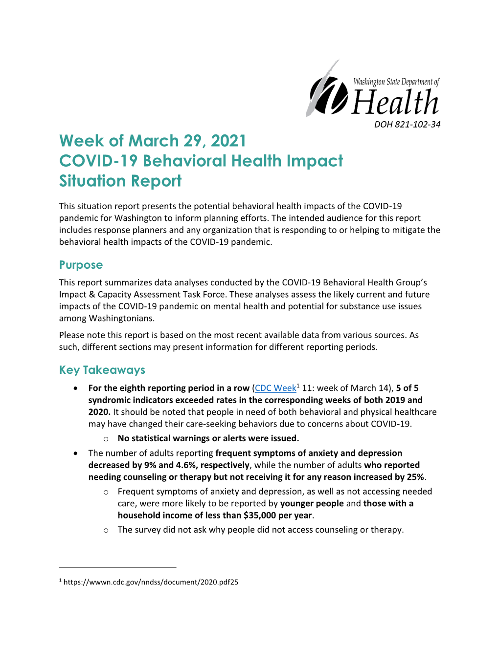 March 29, 2021 COVID-19 Behavioral Health Impact Situation Report