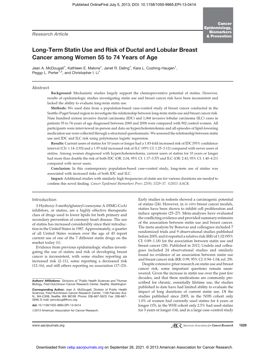 Long-Term Statin Use and Risk of Ductal and Lobular Breast Cancer Among Women 55 to 74 Years of Age