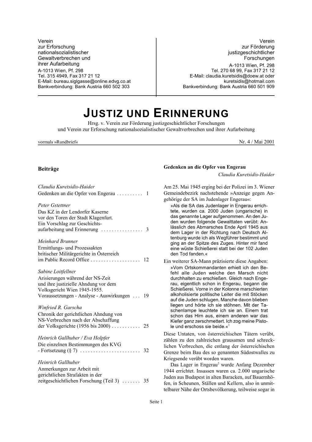 "Justiz Und Erinnerung" 4 / Mai 2001