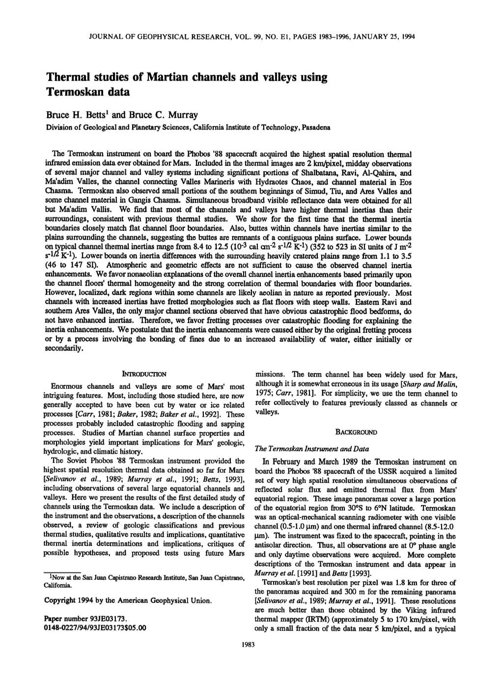 Thermal Studies of Martian Channels and Valleys Using Termoskan Data