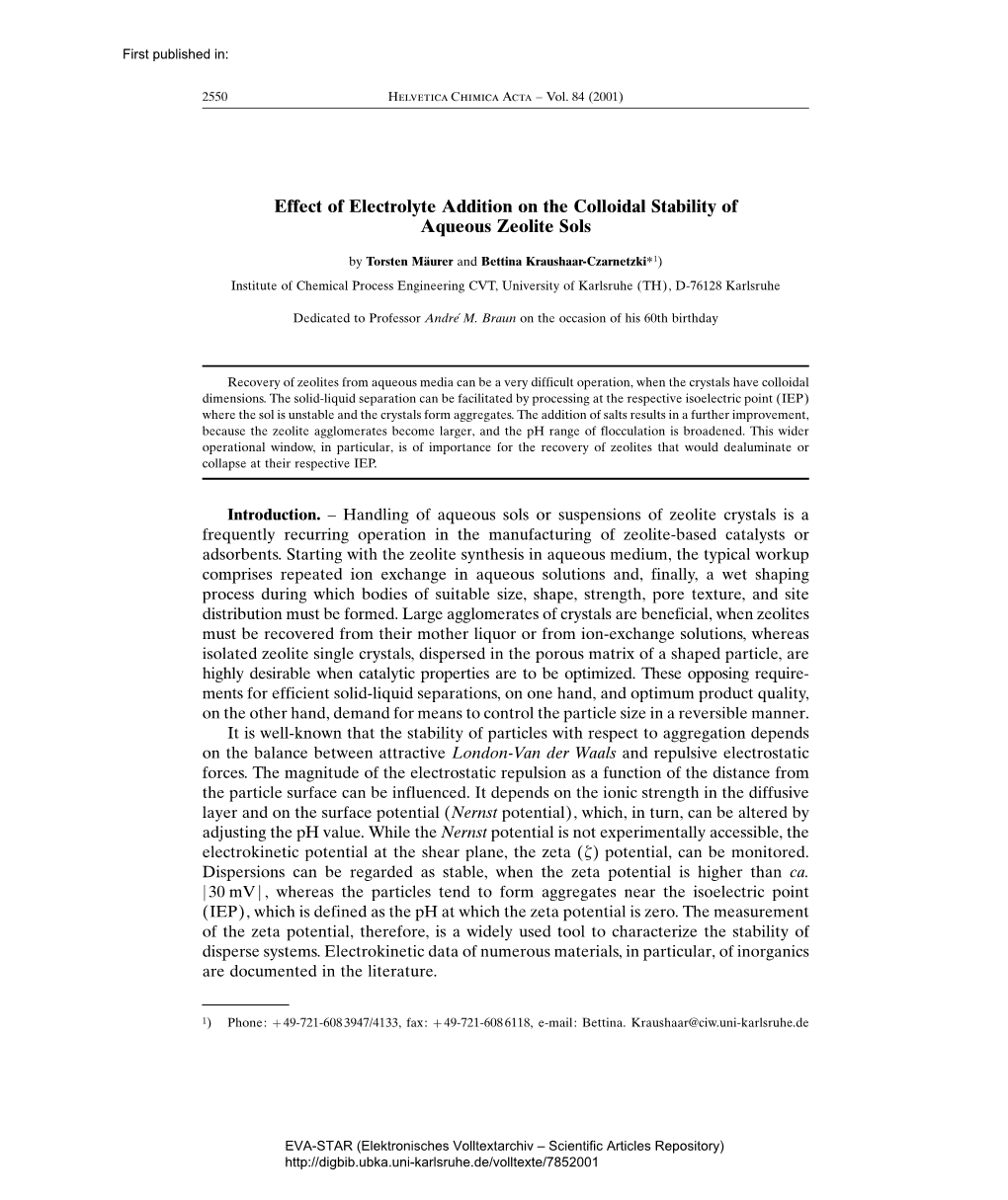 Effect of Electrolyte Addition on the Colloidal Stability of Aqueous Zeolite Sols