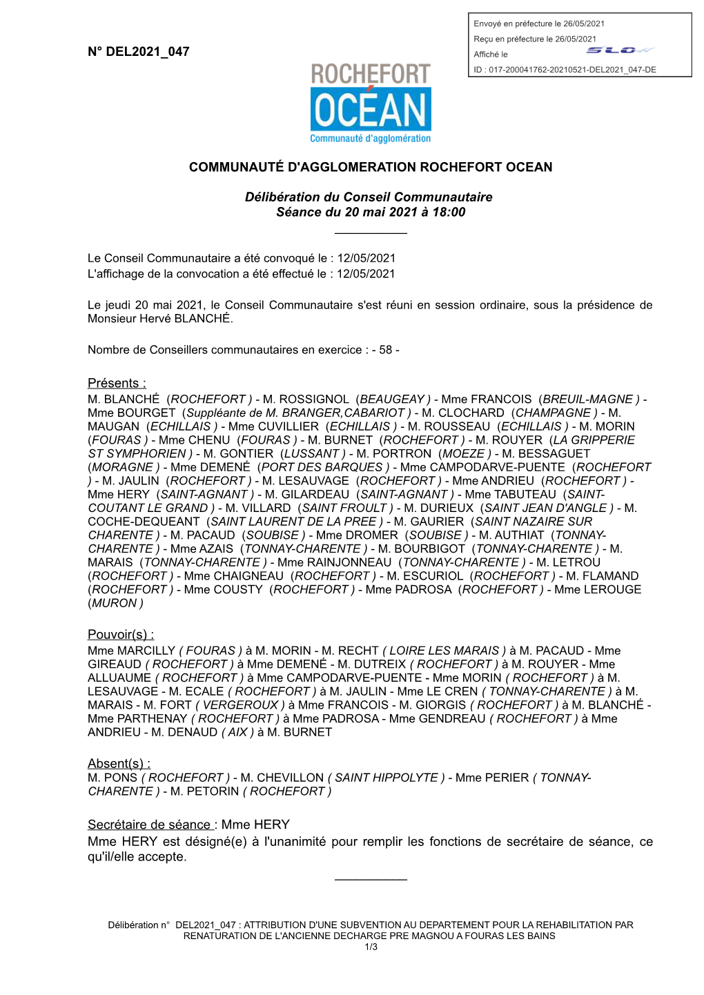 N° Del2021 047 Communauté D'agglomeration Rochefort