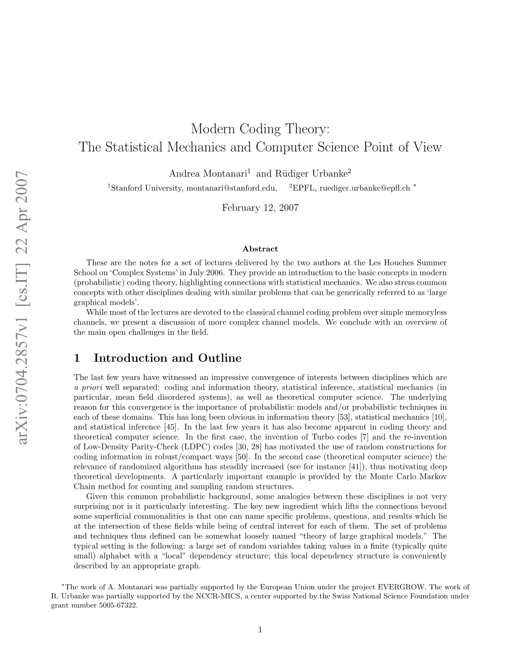 Modern Coding Theory: the Statistical Mechanics and Computer Science Point of View