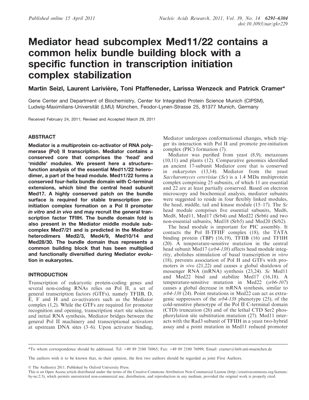 Mediator Head Subcomplex Med11/22 Contains a Common Helix Bundle