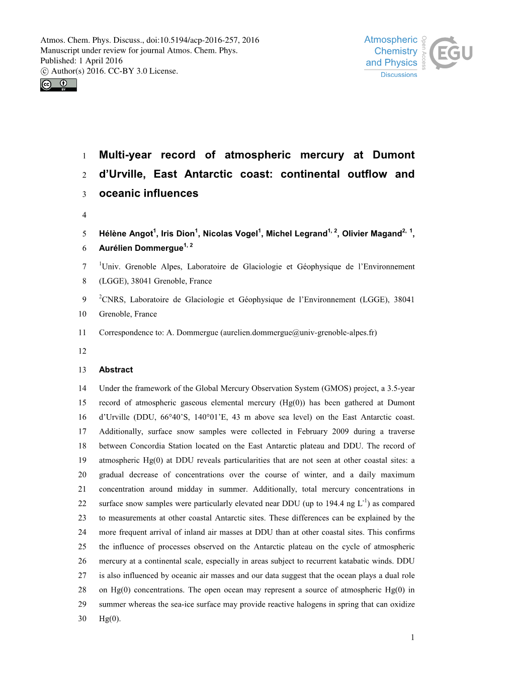 Multi-Year Record of Atmospheric Mercury at Dumont D'urville, East Antarctic Coast: Continental Outflow and Oceanic Influences