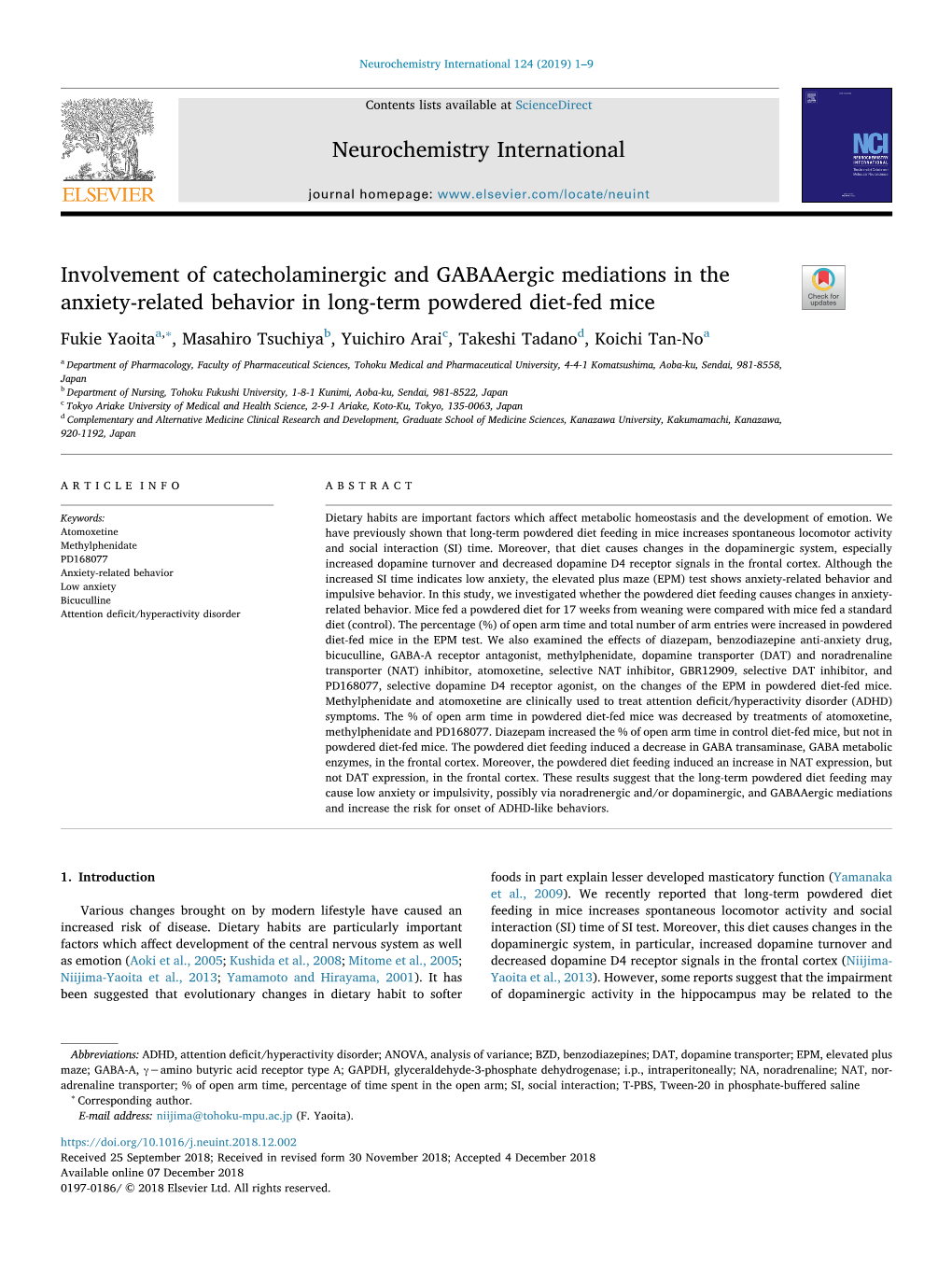 Involvement of Catecholaminergic and Gabaaergic Mediations in the Anxiety-Related Behavior in Long-Term Powdered Diet-Fed Mice T