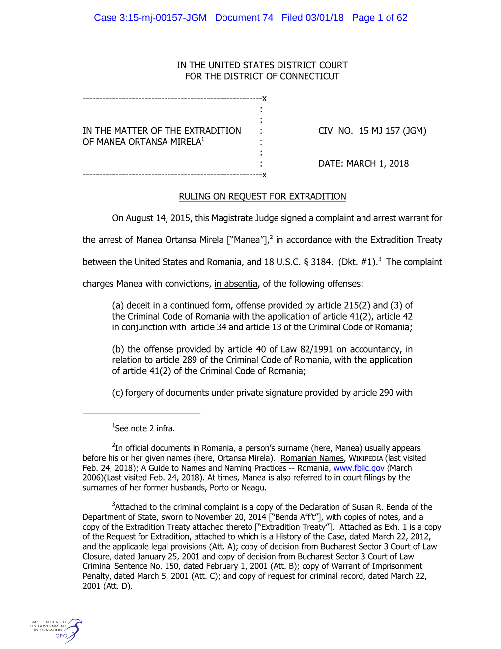 Case 3:15-Mj-00157-JGM Document 74 Filed 03/01/18 Page 1 of 62