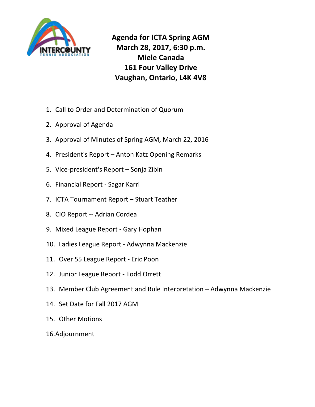 Agenda for ICTA Executive Meeting