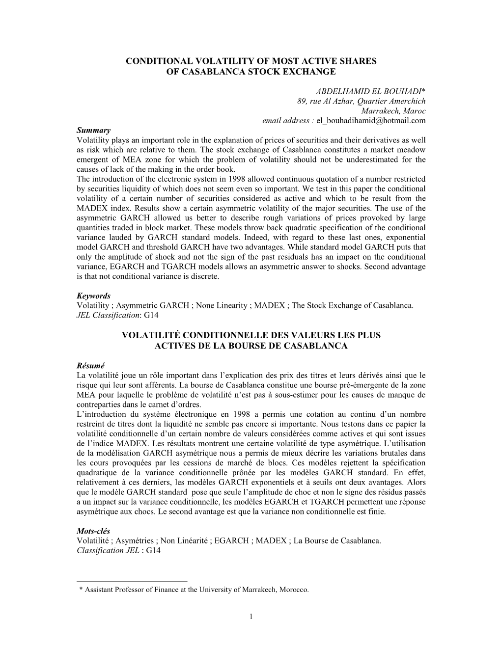 Conditional Volatility of Most Active Shares of Casablanca Stock Exchange