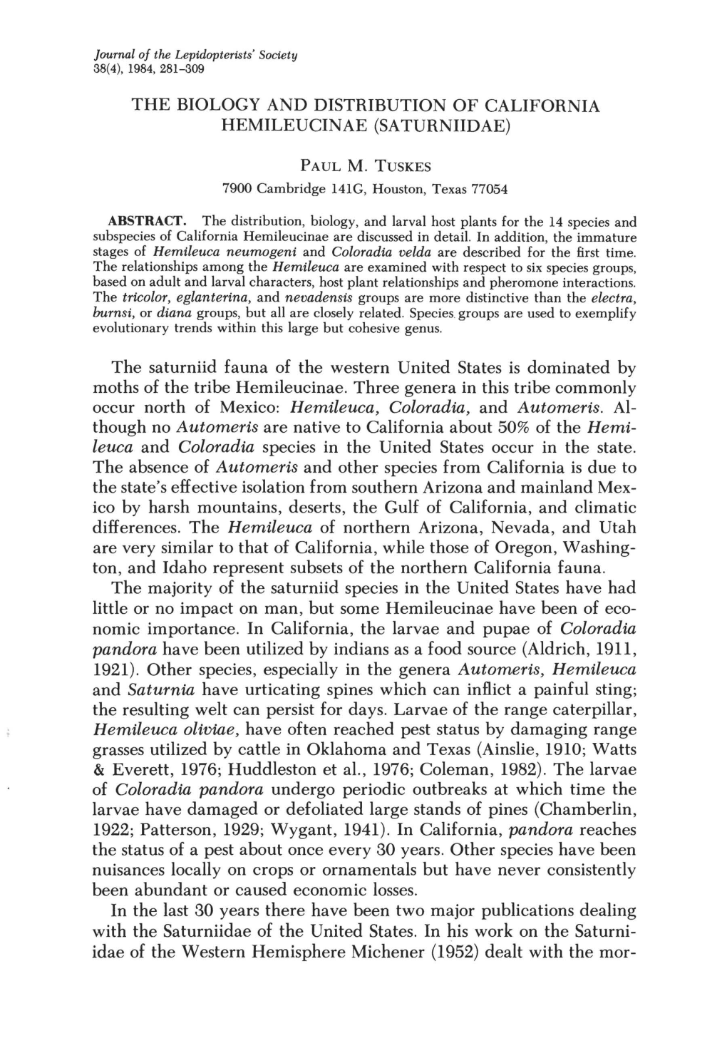 The Biology and Distribution of California Hemileucinae (Saturniidae)