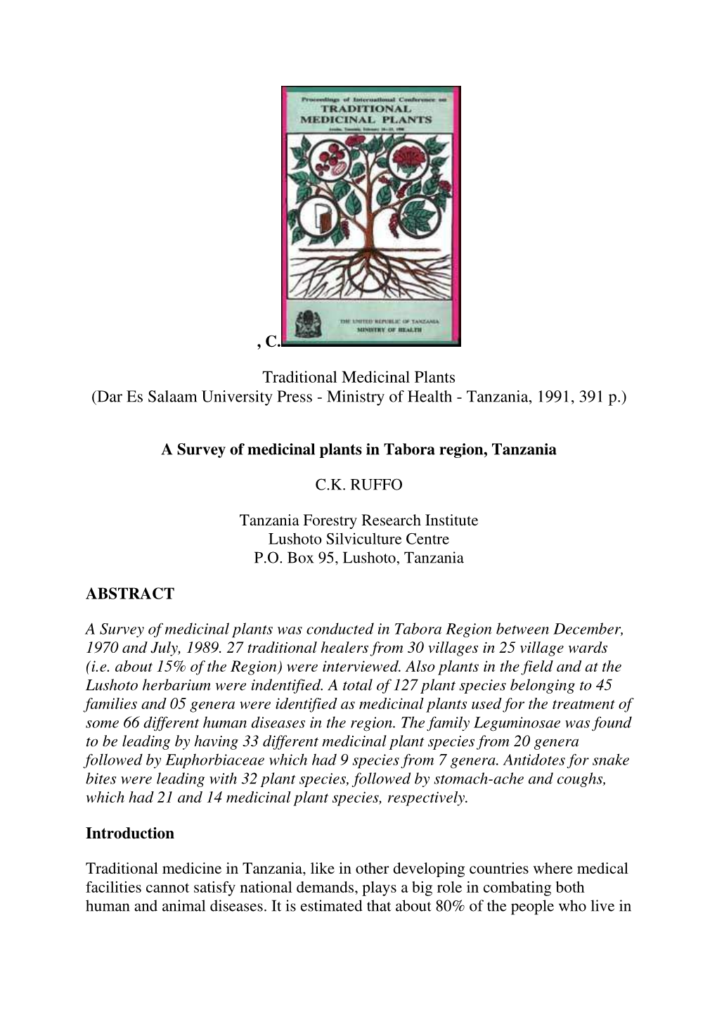 Traditional Medicinal Plants (Dar Es Salaam University Press - Ministry of Health - Tanzania, 1991, 391 P.)