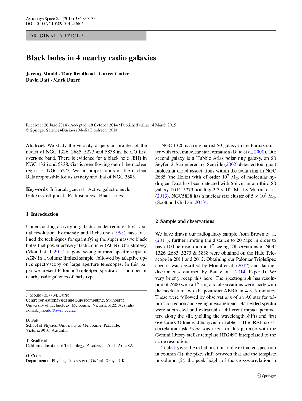 Black Holes in 4 Nearby Radio Galaxies