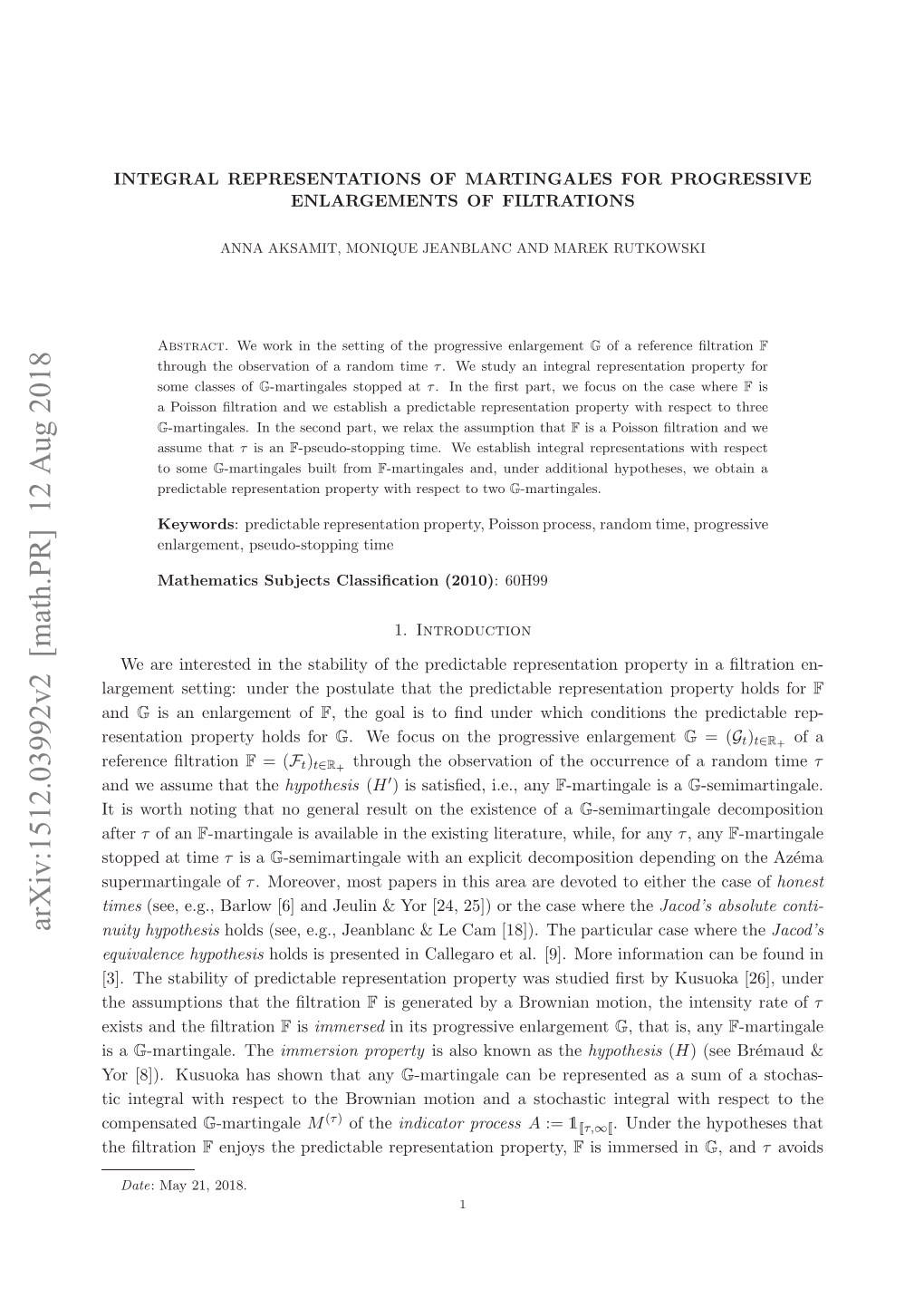 Integral Representations of Martingales for Progressive Enlargements Of