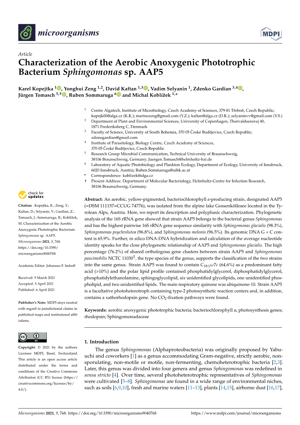 Characterization of the Aerobic Anoxygenic Phototrophic Bacterium Sphingomonas Sp