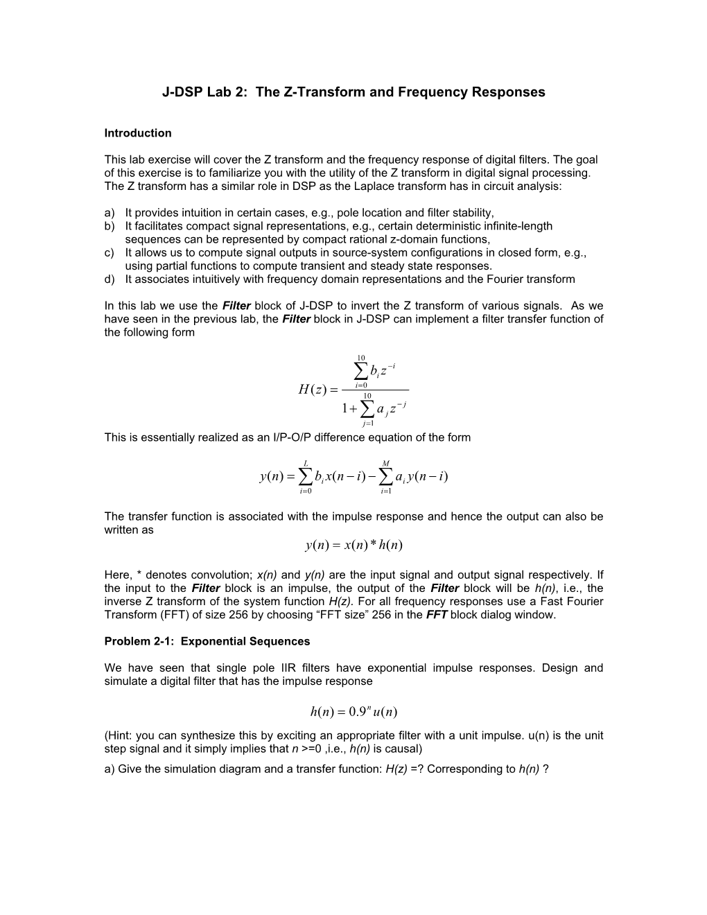 J-DSP Lab 2: the Z-Transform and Frequency Responses