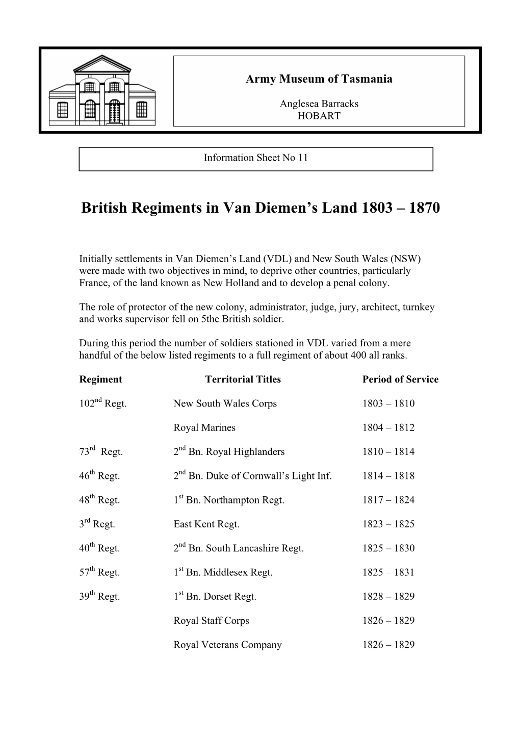 British Regiments in Van Diemen's Land 1803 – 1870