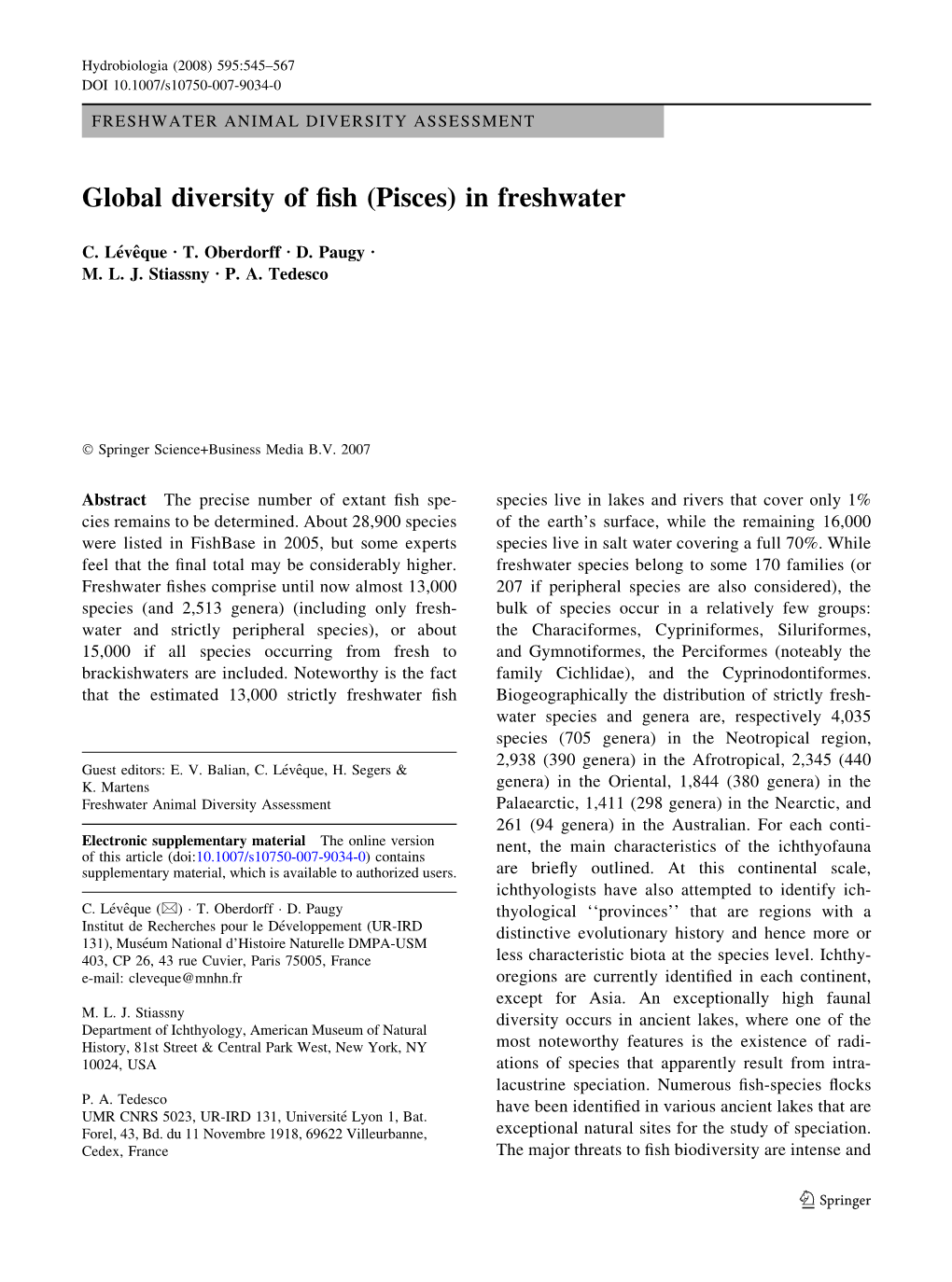 Global Diversity of Fish (Pisces) in Freshwater