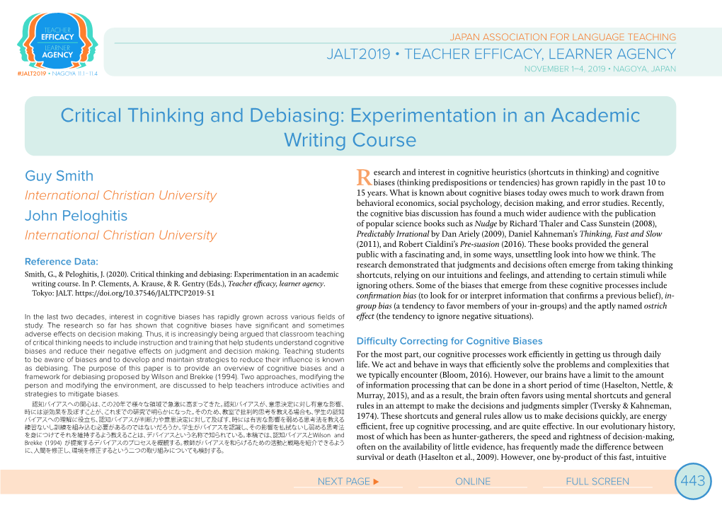 Critical Thinking and Debiasing: Experimentation in an Academic Writing Course