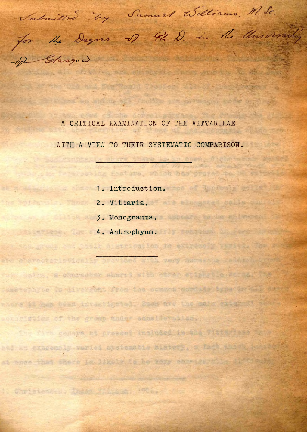 ^ a Critical Examination of the Vittarieae with a View To