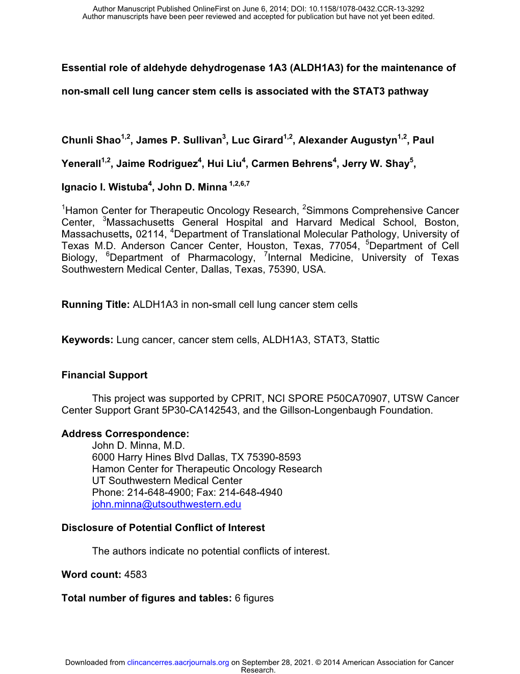 (ALDH1A3) for the Maintenance of Non-Small Cell Lung Cancer Stem Cells Is Associated with the STAT3 Pathway