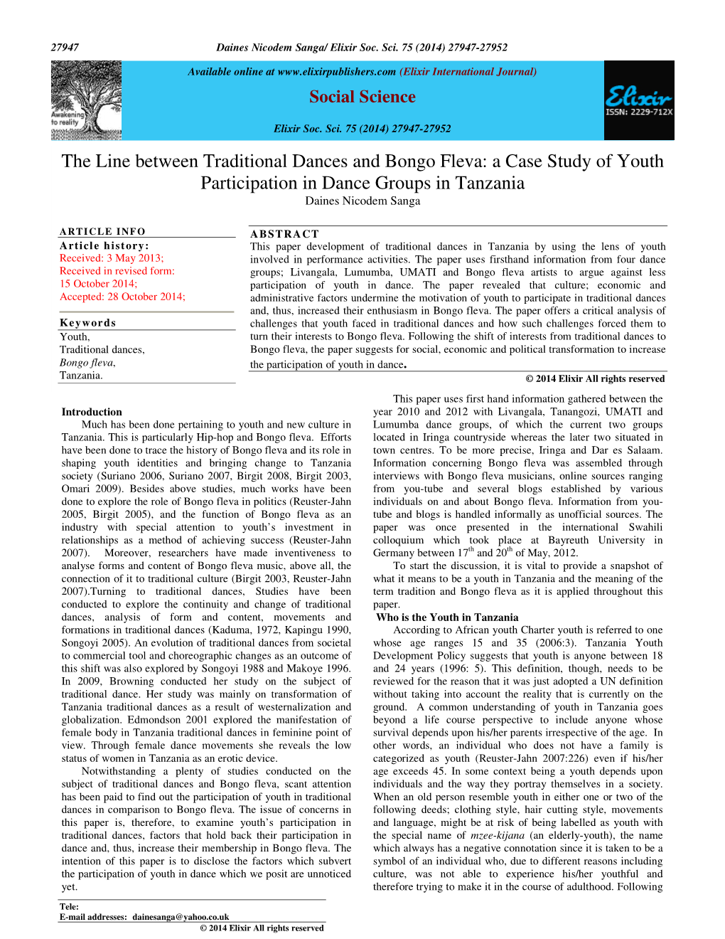 The Line Between Traditional Dances and Bongo Fleva: a Case Study of Youth Participation in Dance Groups in Tanzania Daines Nicodem Sanga