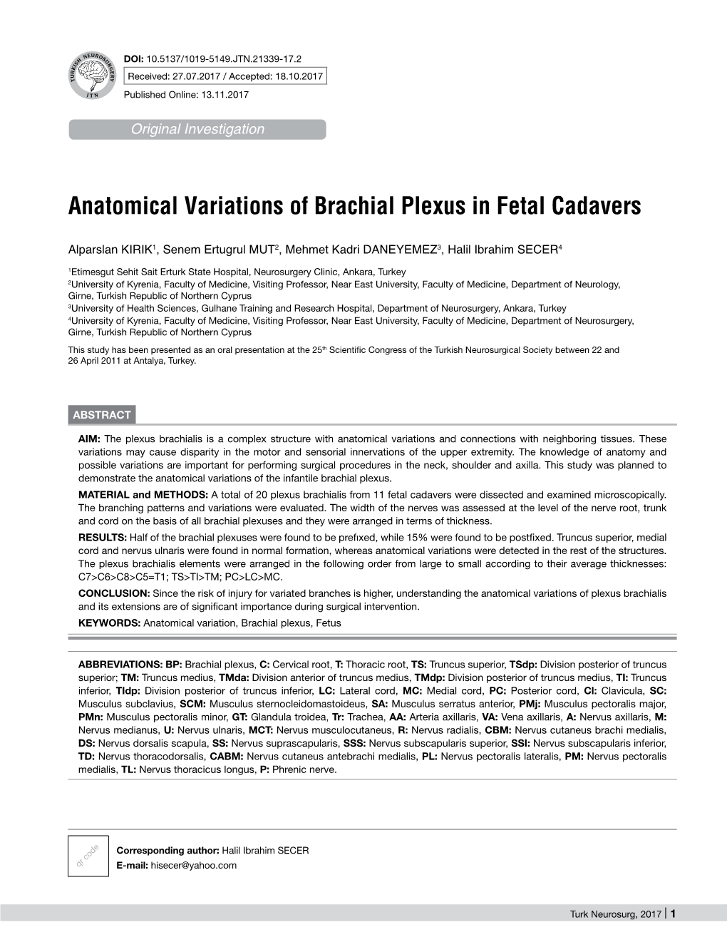Anatomical Variations of Brachial Plexus in Fetal Cadavers