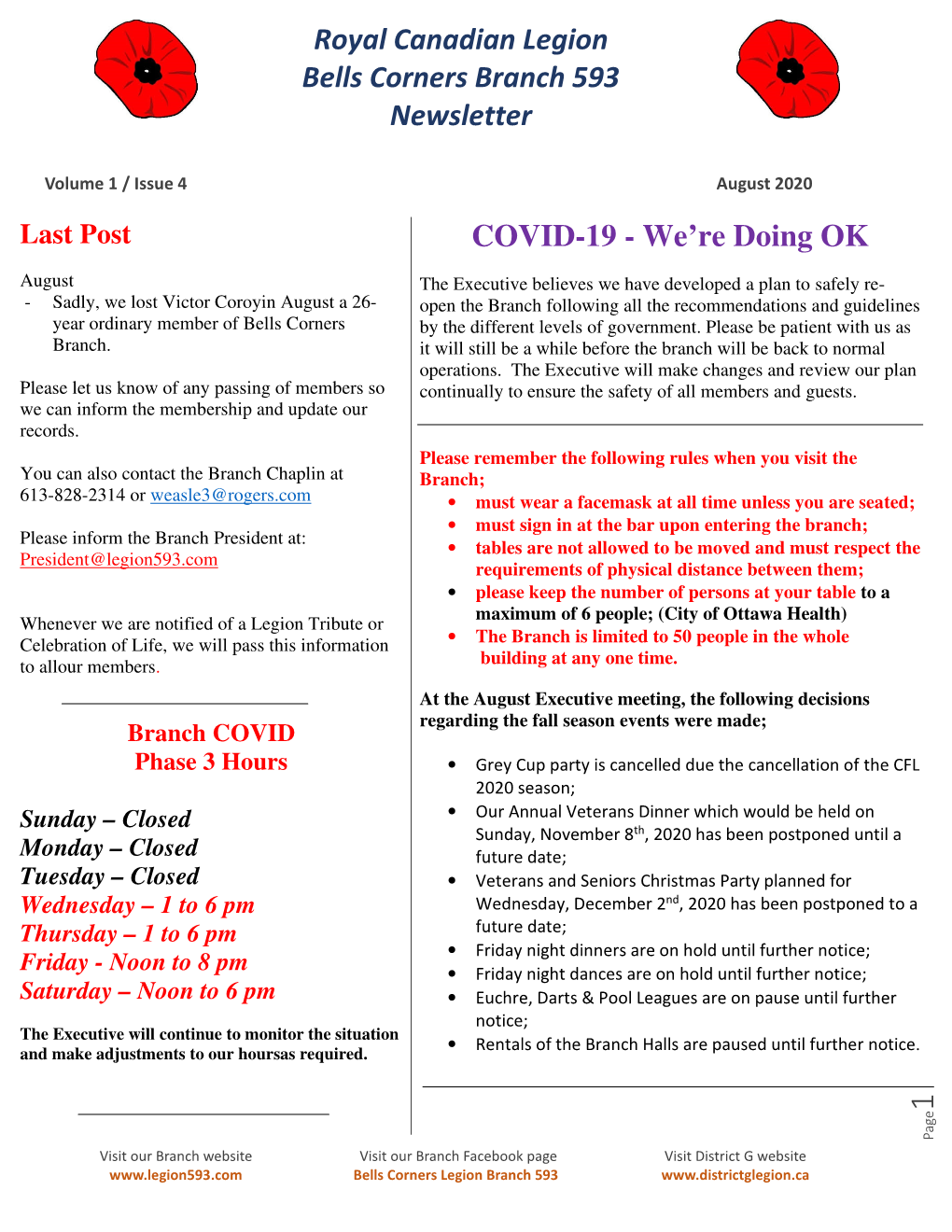 Royal Canadian Legion Bells Corners Branch 593 Newsletter COVID-19