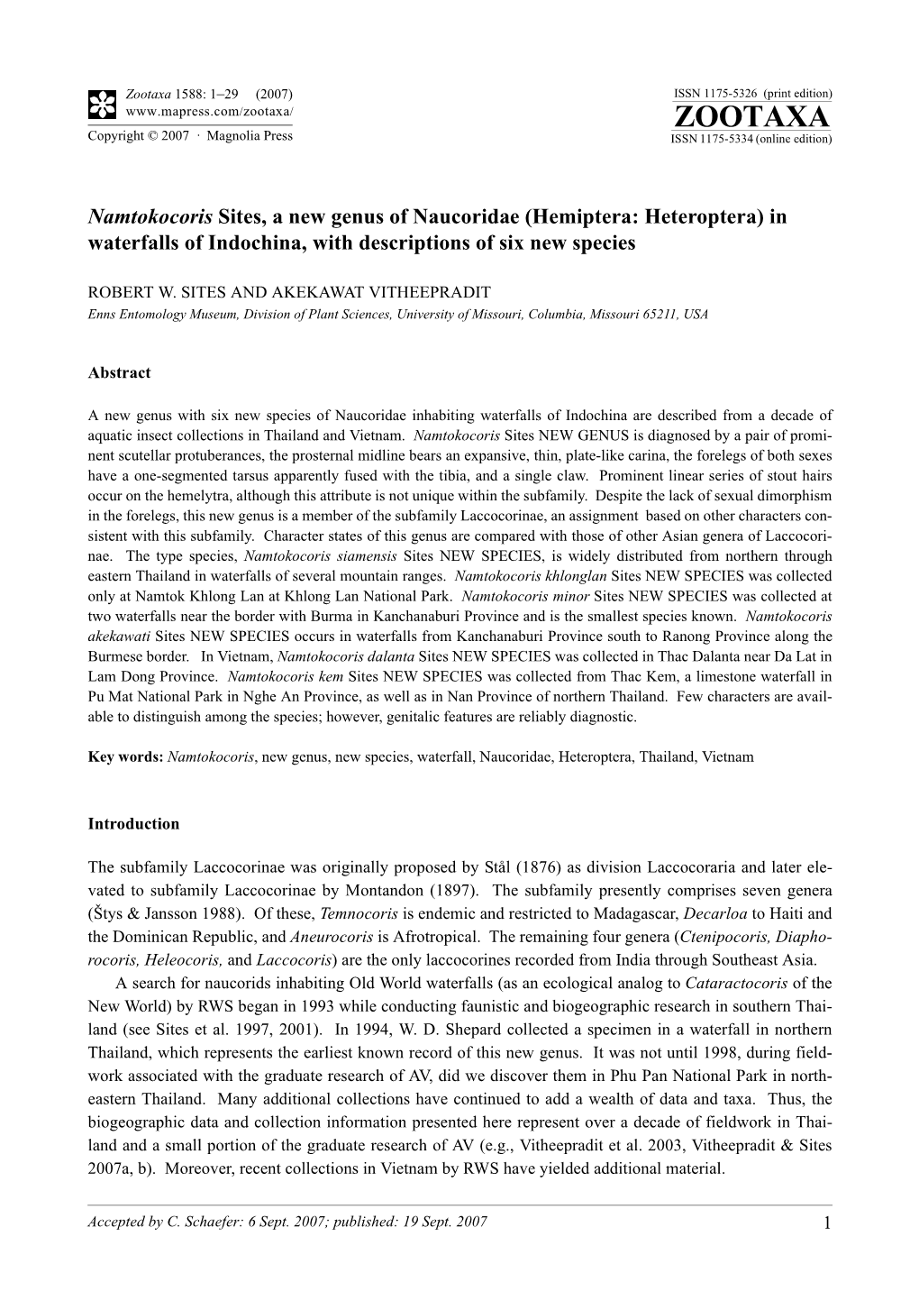 Zootaxa,Namtokocoris Sites, a New Genus of Naucoridae