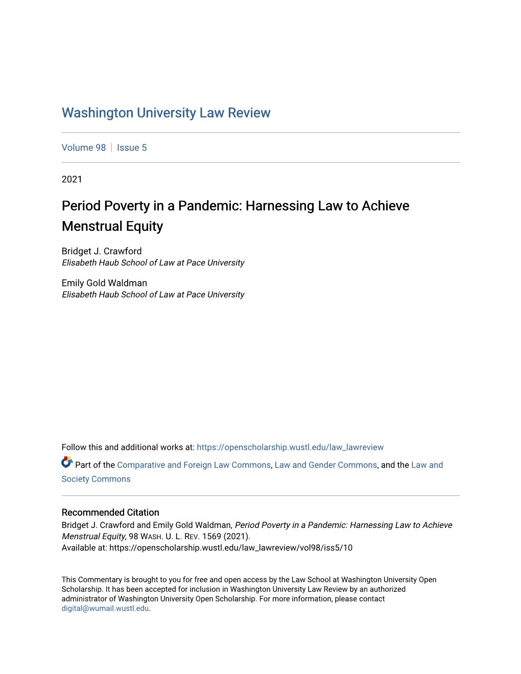 Period Poverty in a Pandemic: Harnessing Law to Achieve Menstrual Equity