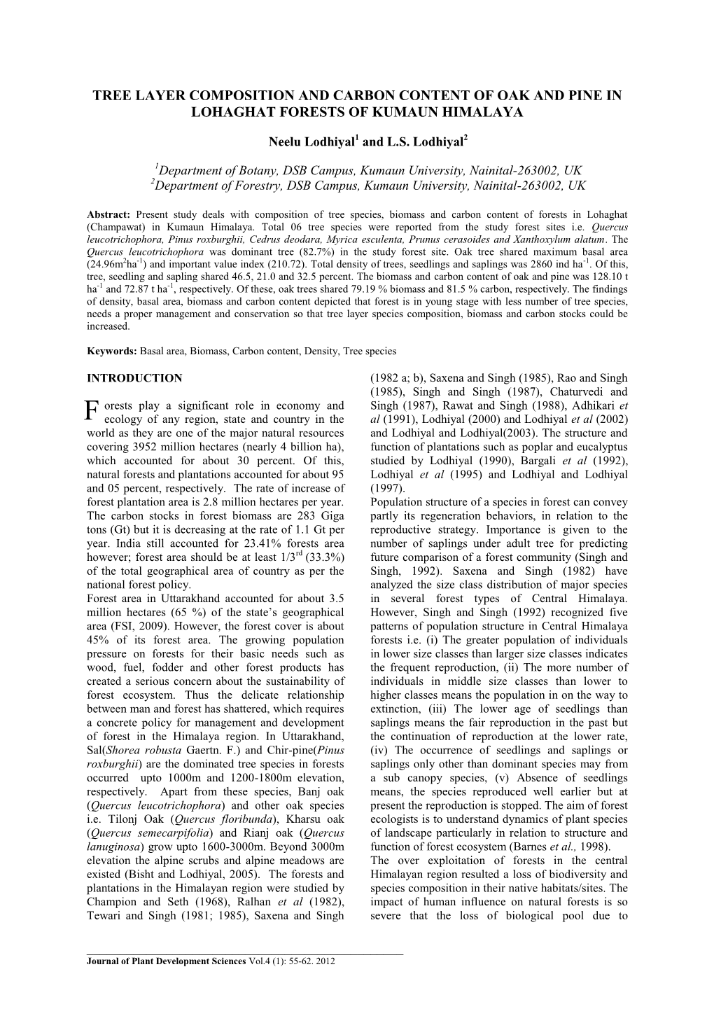 Tree Layer Composition and Carbon Content of Oak and Pine in Lohaghat Forests of Kumaun Himalaya