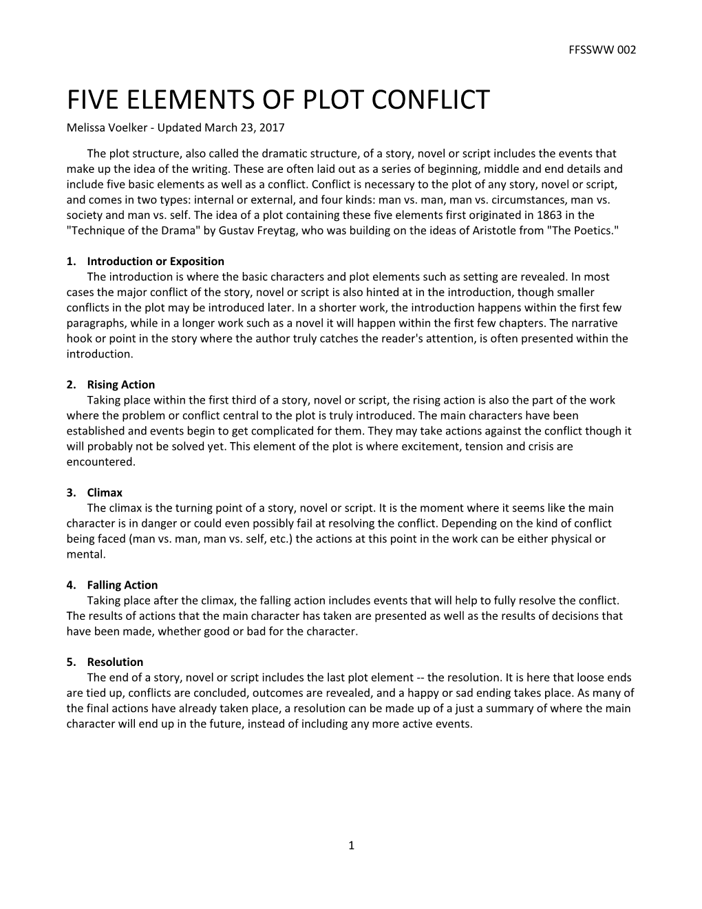 FIVE ELEMENTS of PLOT CONFLICT Melissa Voelker - Updated March 23, 2017