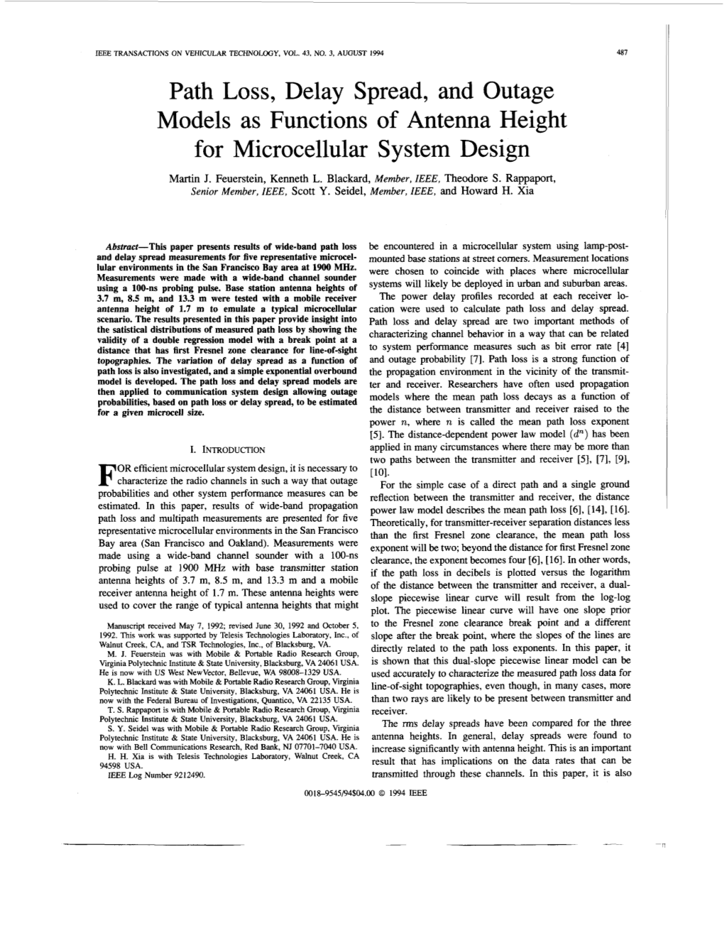 Path Loss, Delay Spread, and Outage Models As Functions of Antenna Height for Microcellular System Design