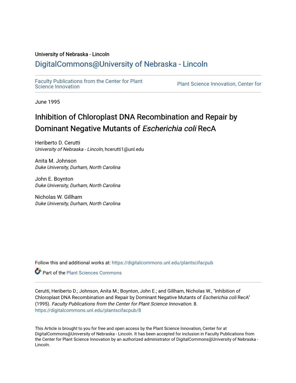 Inhibition of Chloroplast DNA Recombination and Repair by Dominant Negative Mutants of Escherichia Coli Reca