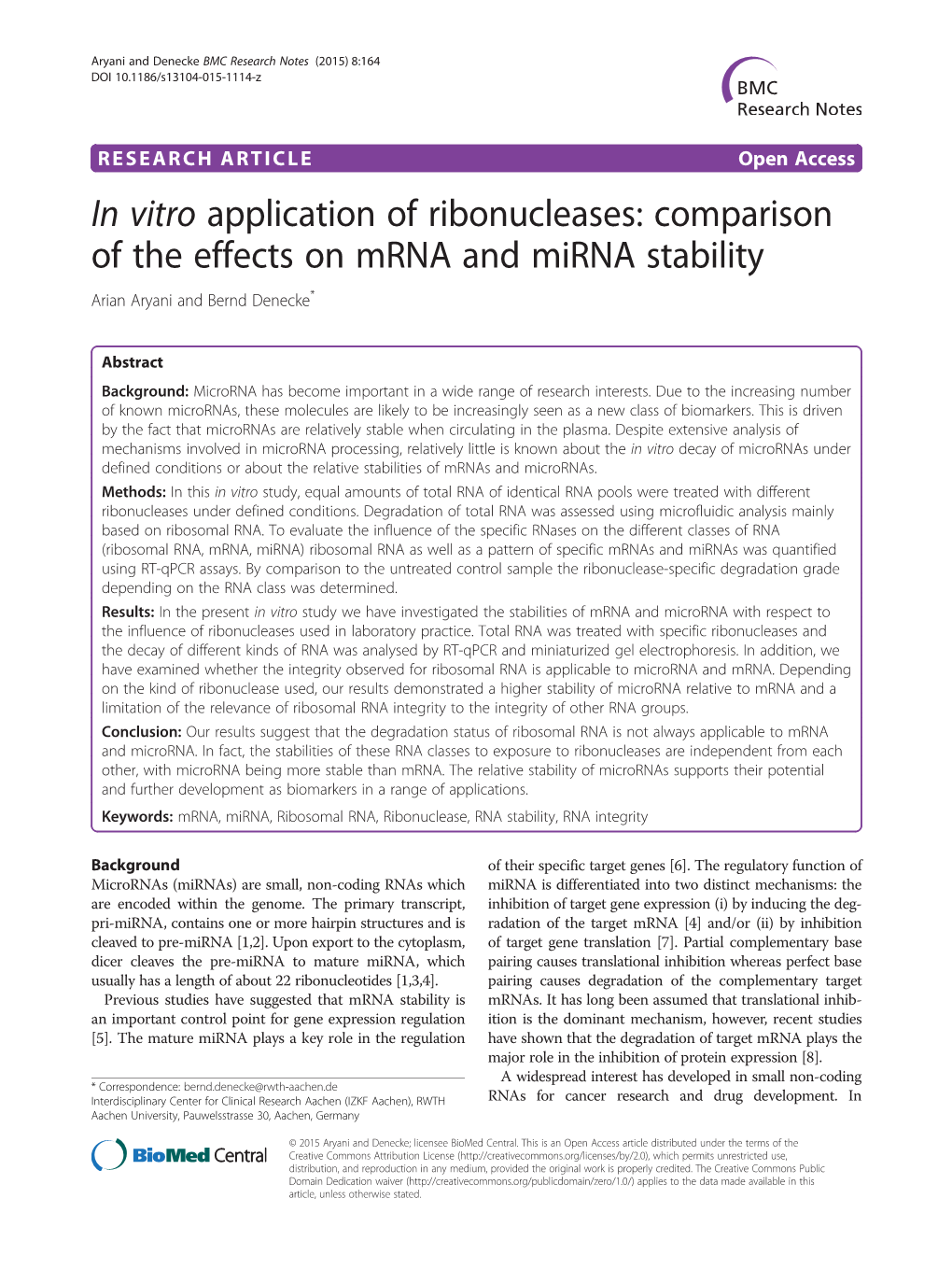 Comparison of the Effects on Mrna and Mirna Stability Arian Aryani and Bernd Denecke*