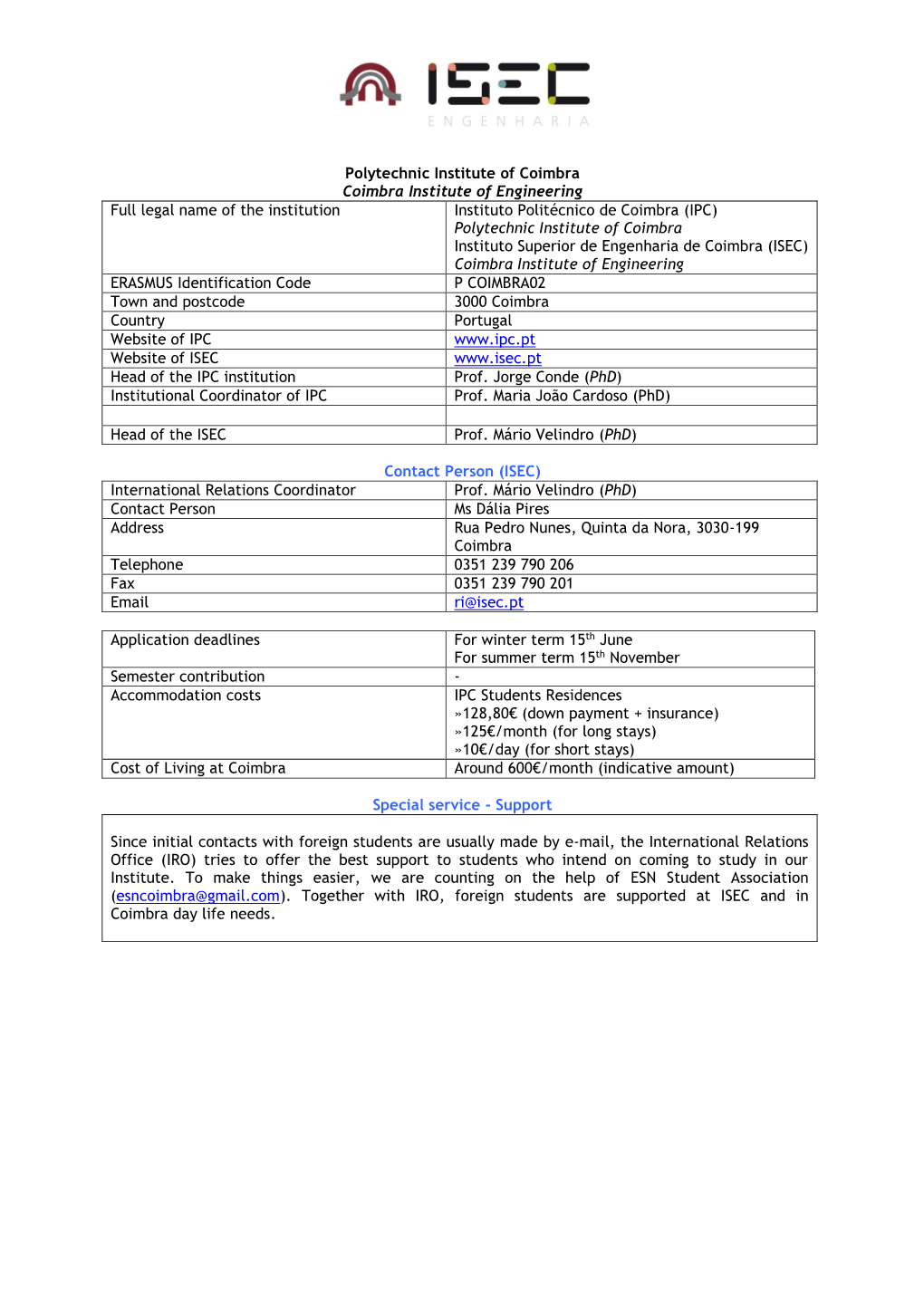 Polytechnic Institute of Coimbra Coimbra Institute of Engineering Full Legal Name of the Institution Instituto Politécnico De