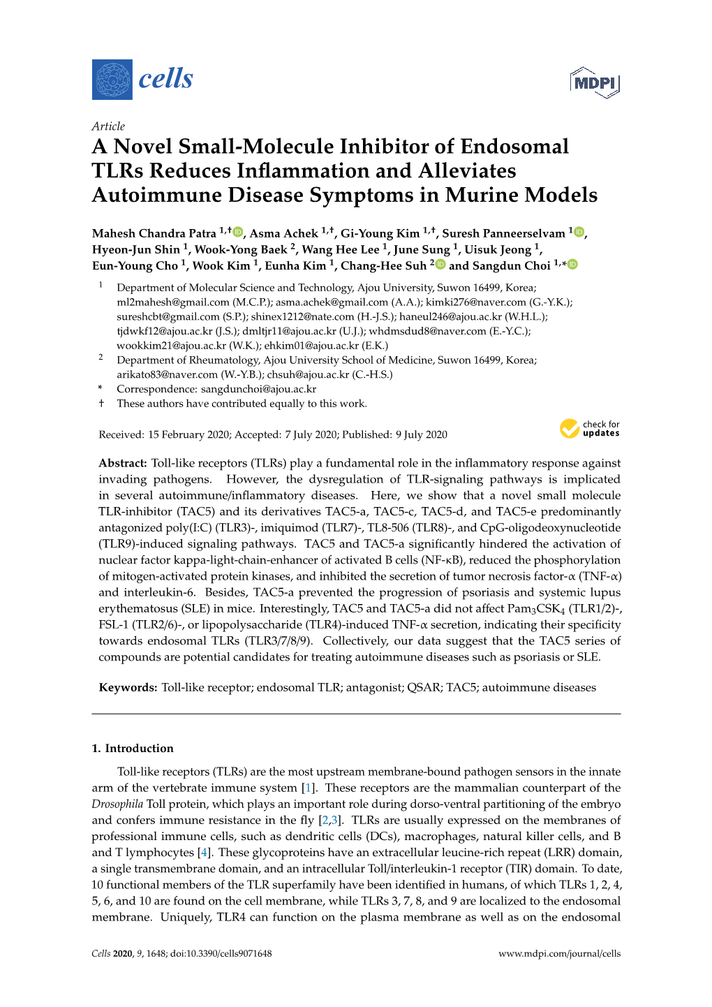 A Novel Small-Molecule Inhibitor of Endosomal Tlrs Reduces Inﬂammation and Alleviates Autoimmune Disease Symptoms in Murine Models