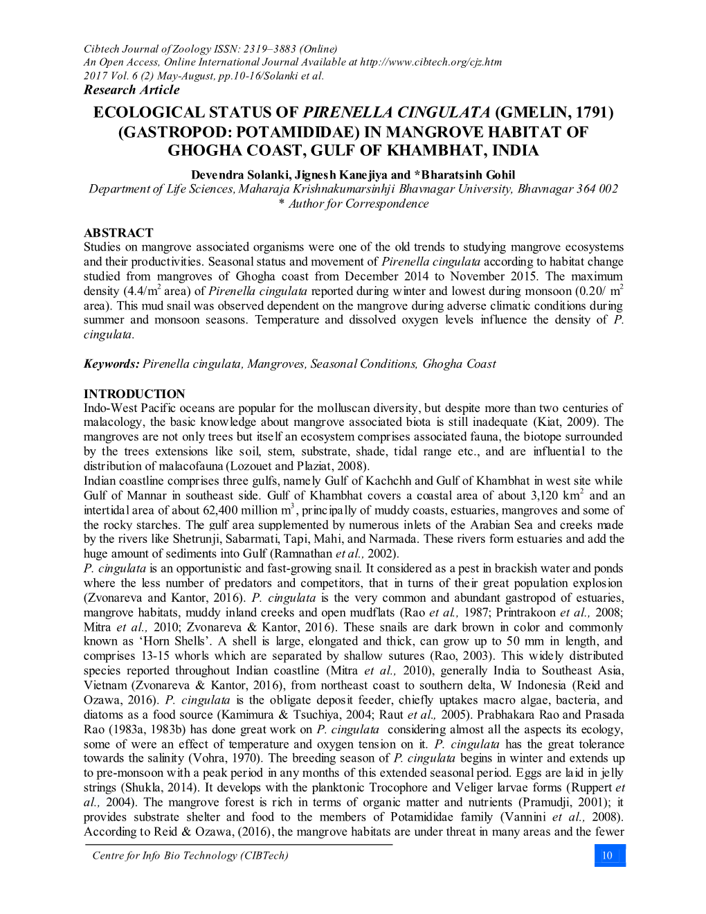 Ecological Status of Pirenella Cingulata (Gmelin, 1791) (Gastropod