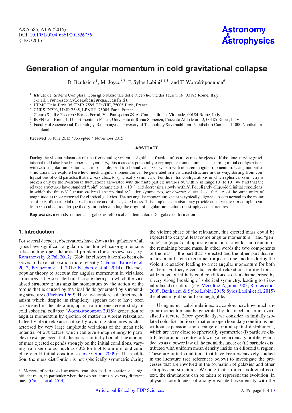 Generation of Angular Momentum in Cold Gravitational Collapse