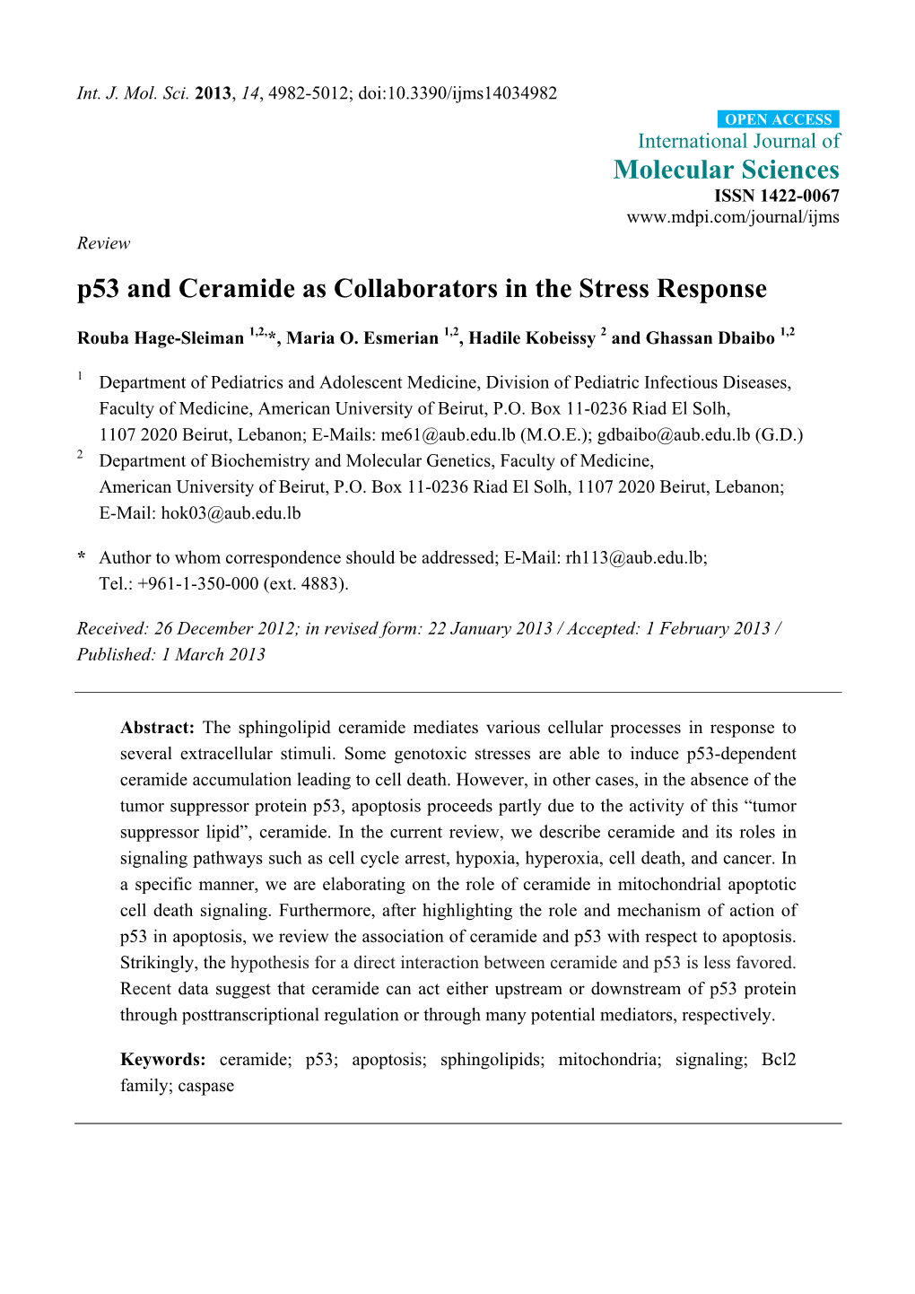 P53 and Ceramide As Collaborators in the Stress Response
